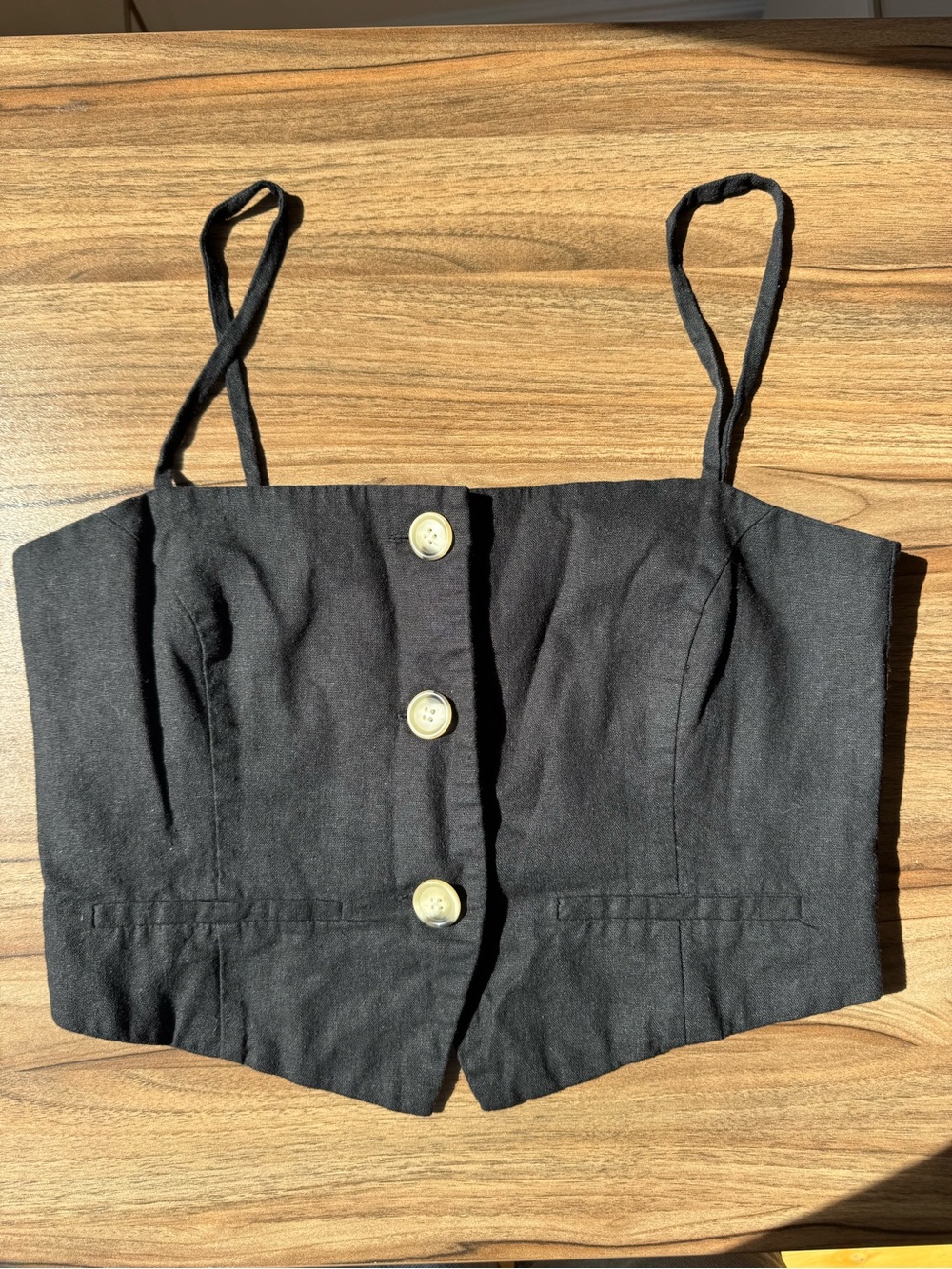 Zara Black Button-Front Linen-Blend Crop Cami